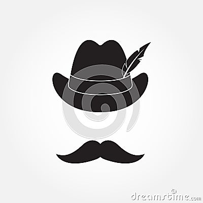 German hunting hat with feather and moustache. Octoberfest symbol isolated on white background. Vector illustration. Vector Illustration